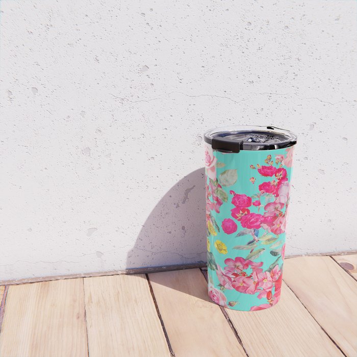 Bright Turquoise/Teal  Antique inspired Floral Print With Hot pink, baby Pink, Coral and Yellow Travel Mug Gallery Image 4