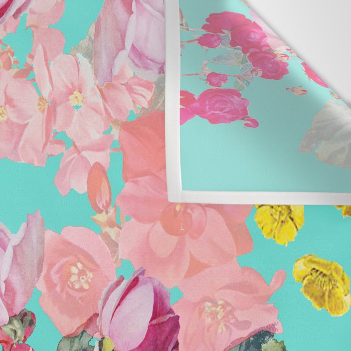 Bright Turquoise/Teal  Antique inspired Floral Print With Hot pink, baby Pink, Coral and Yellow Wall Tapestry Gallery Image 3
