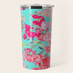 Bright Turquoise/Teal  Antique inspired Floral Print With Hot pink, baby Pink, Coral and Yellow Travel Mug Gallery Image 1