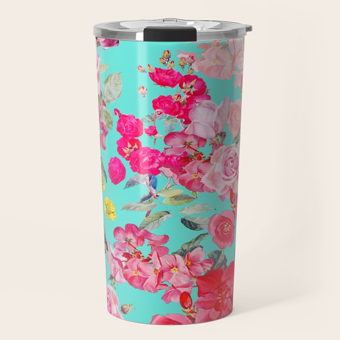 Bright Turquoise/Teal  Antique inspired Floral Print With Hot pink, baby Pink, Coral and Yellow Travel Mug Gallery Image 1