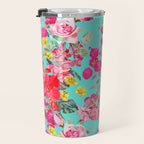 Bright Turquoise/Teal  Antique inspired Floral Print With Hot pink, baby Pink, Coral and Yellow Travel Mug Gallery Image 3