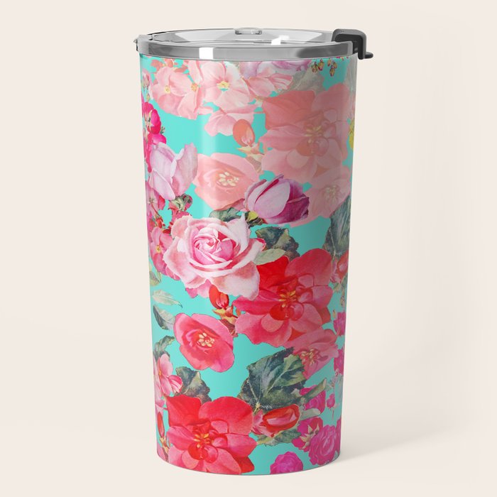 Bright Turquoise/Teal  Antique inspired Floral Print With Hot pink, baby Pink, Coral and Yellow Travel Mug Gallery Image 2