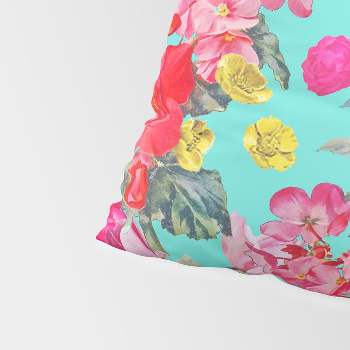Bright Turquoise/Teal  Antique inspired Floral Print With Hot pink, baby Pink, Coral and Yellow Pillow Sham Gallery Image 4