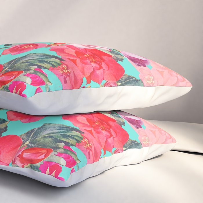 Bright Turquoise/Teal  Antique inspired Floral Print With Hot pink, baby Pink, Coral and Yellow Pillow Sham Gallery Image 3