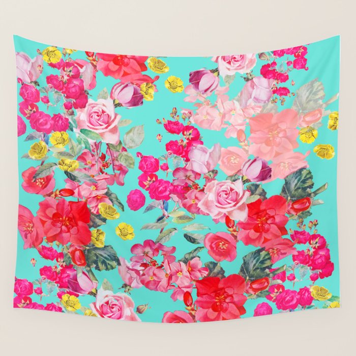 Bright Turquoise/Teal  Antique inspired Floral Print With Hot pink, baby Pink, Coral and Yellow Wall Tapestry Gallery Image 4