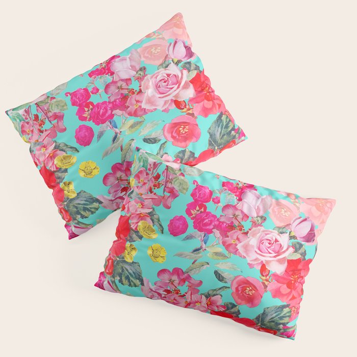 Bright Turquoise/Teal  Antique inspired Floral Print With Hot pink, baby Pink, Coral and Yellow Pillow Sham Gallery Image 1