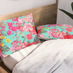 Bright Turquoise/Teal  Antique inspired Floral Print With Hot pink, baby Pink, Coral and Yellow Pillow Sham Gallery Image 2