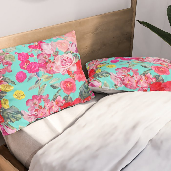 Bright Turquoise/Teal  Antique inspired Floral Print With Hot pink, baby Pink, Coral and Yellow Pillow Sham Gallery Image 2