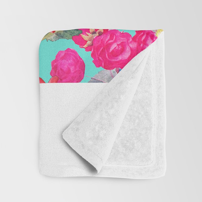 Bright Turquoise/Teal  Antique inspired Floral Print With Hot pink, baby Pink, Coral and Yellow Throw Blanket Gallery Image 3