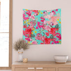 Bright Turquoise/Teal  Antique inspired Floral Print With Hot pink, baby Pink, Coral and Yellow Wall Tapestry Gallery Image 2