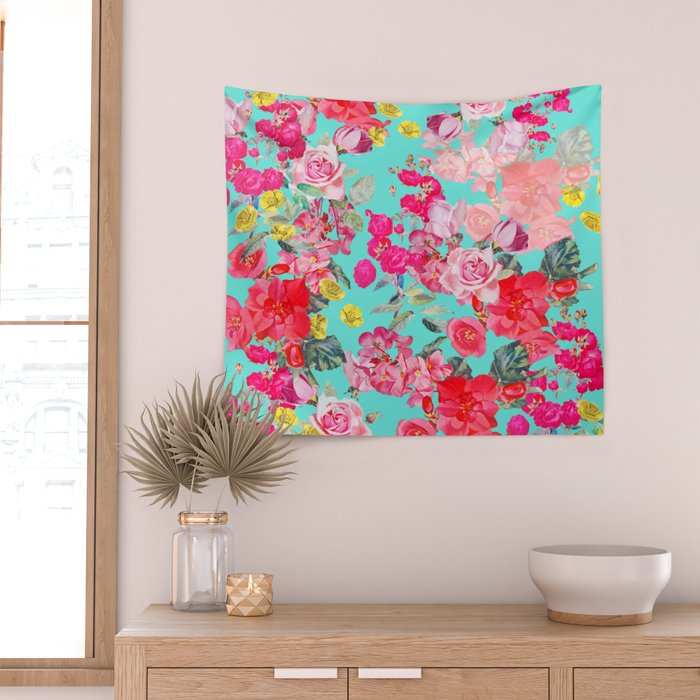 Bright Turquoise/Teal  Antique inspired Floral Print With Hot pink, baby Pink, Coral and Yellow Wall Tapestry Gallery Image 2