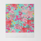 Bright Turquoise/Teal  Antique inspired Floral Print With Hot pink, baby Pink, Coral and Yellow Throw Blanket Gallery Image 2