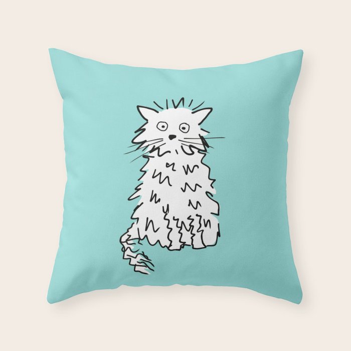 White cat blue Throw Pillow Gallery Image 1