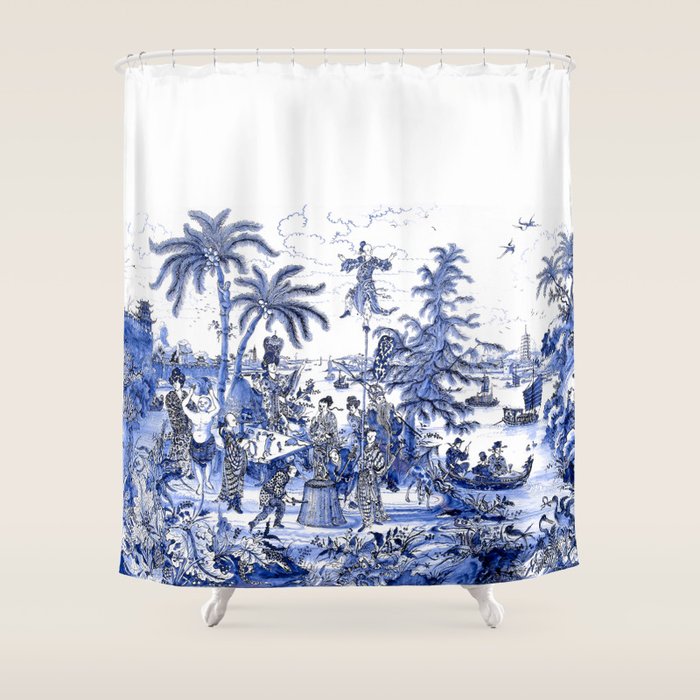 Chinoiserie Blue Landscape Shower Curtain Gallery Image 1