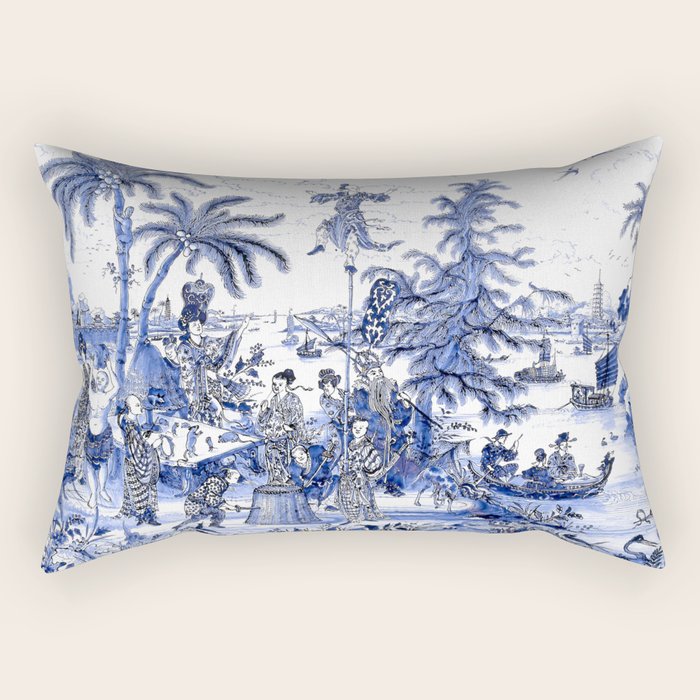 Chinoiserie Blue Landscape Rectangular Pillow Gallery Image 1
