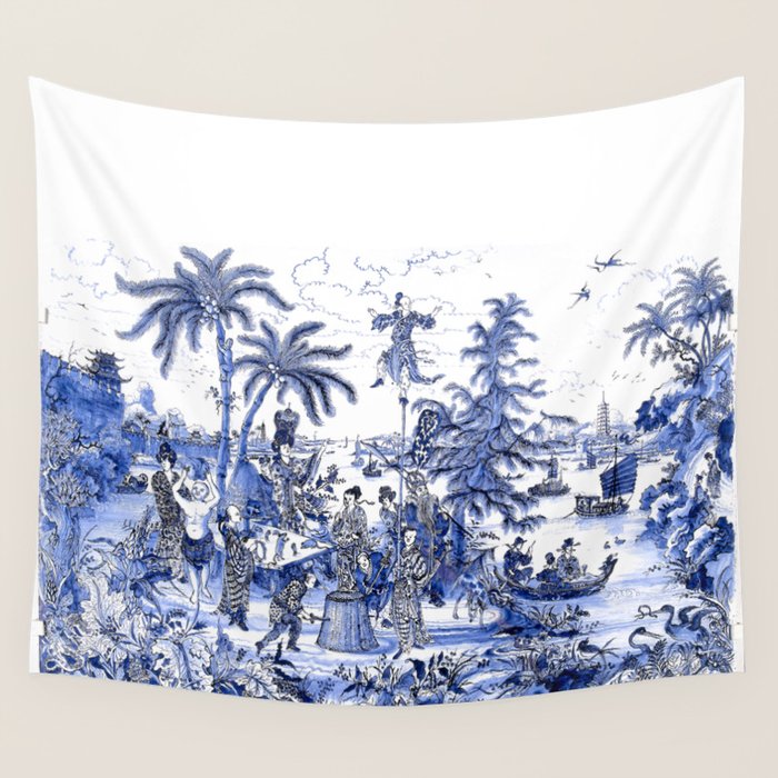 Chinoiserie Blue Landscape Wall Tapestry Gallery Image 4