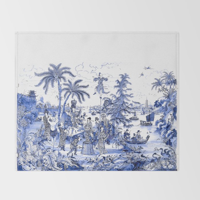 Chinoiserie Blue Landscape Throw Blanket Gallery Image 2