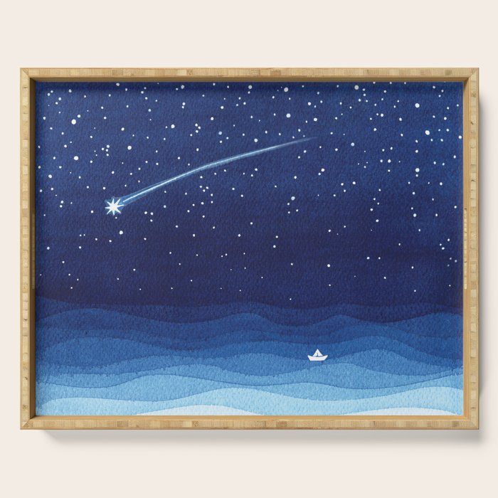 Falling star, shooting star, sailboat ocean waves blue sea Serving Tray Gallery Image 1