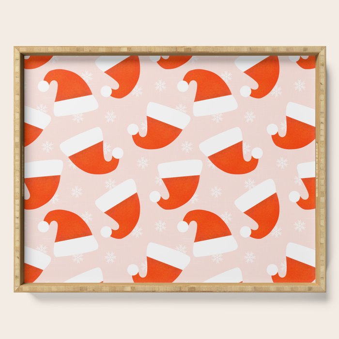 Santa Hats and Snowflakes on Pink Background Serving Tray Gallery Image 1