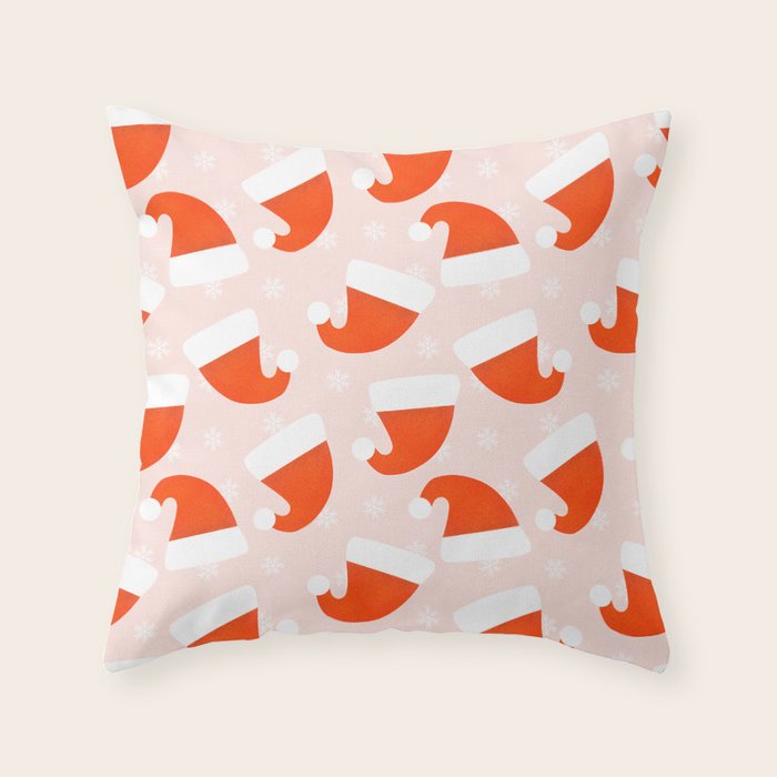 Santa Hats and Snowflakes on Pink Background Throw Pillow Gallery Image 6