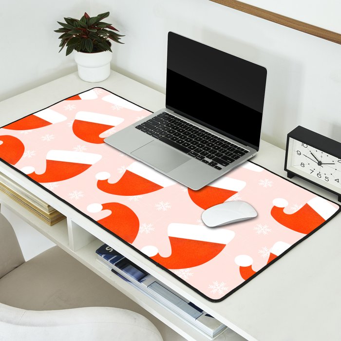 Santa Hats and Snowflakes on Pink Background Desk Mat Gallery Image 2