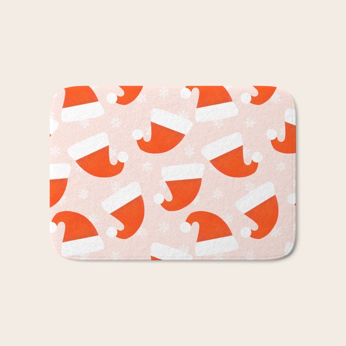 Santa Hats and Snowflakes on Pink Background Bath Mat Gallery Image 1