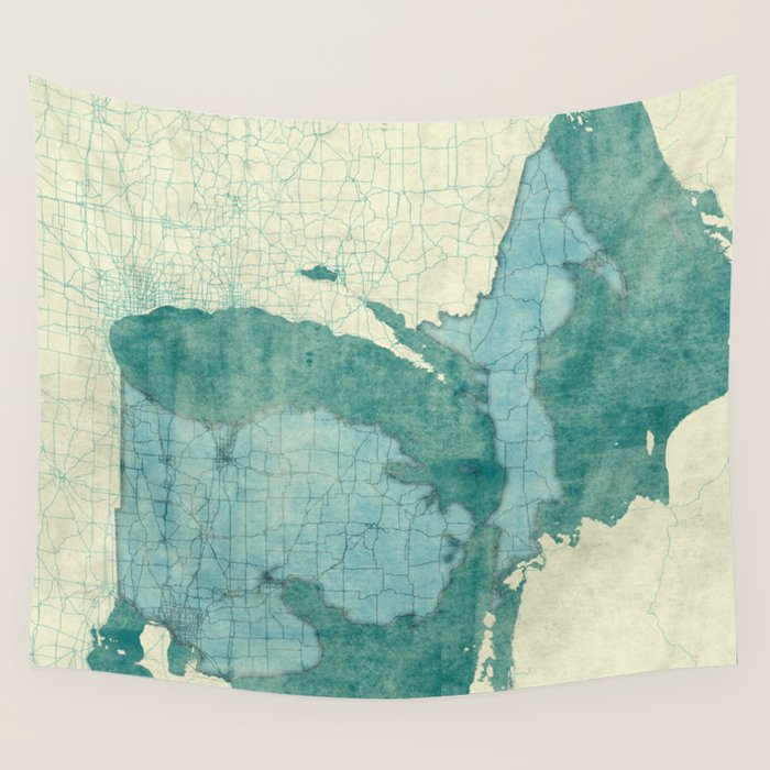 Michigan State Map Blue Vintage Wall Tapestry Gallery Image 1