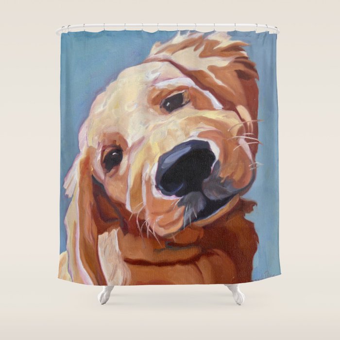 Golden Retriever Puppy Original Oil Painting Shower Curtain Gallery Image 1