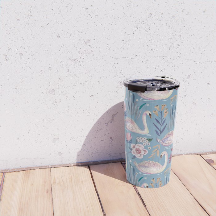 Botanical Blue Elegant Swan Pattern Travel Mug Gallery Image 4