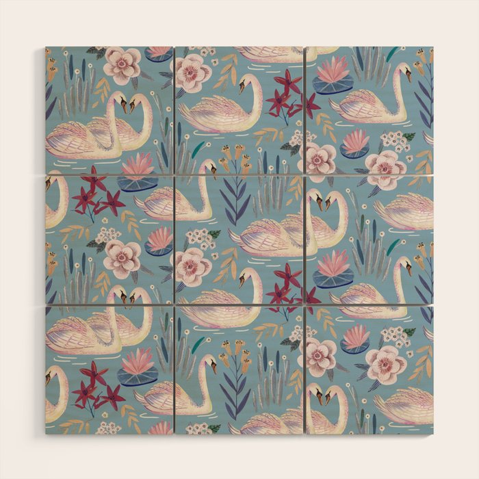 Botanical Blue Elegant Swan Pattern Wood Wall Art Gallery Image 1