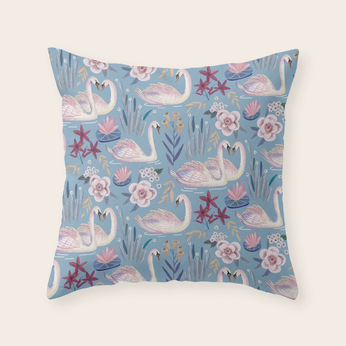 Botanical Blue Elegant Swan Pattern Throw Pillow Gallery Image 1