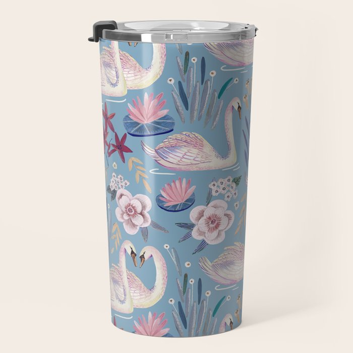 Botanical Blue Elegant Swan Pattern Travel Mug Gallery Image 3