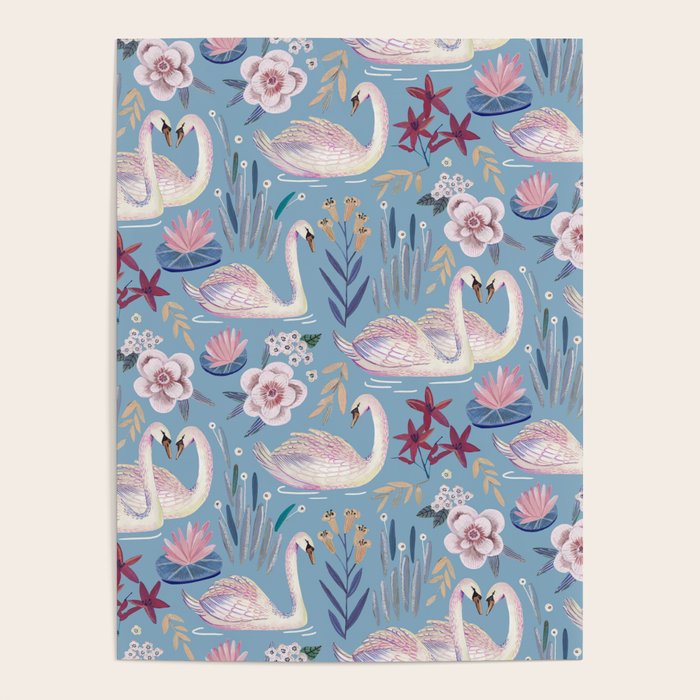 Botanical Blue Elegant Swan Pattern Poster Gallery Image 1