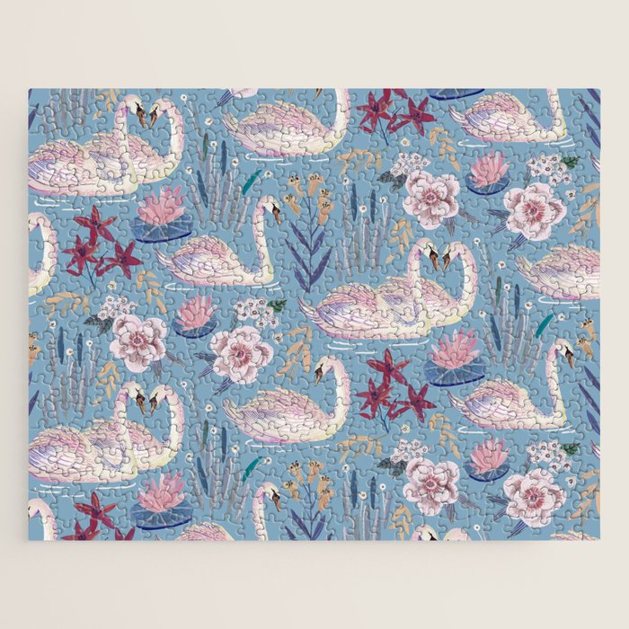 Botanical Blue Elegant Swan Pattern Jigsaw Puzzle Gallery Image 1