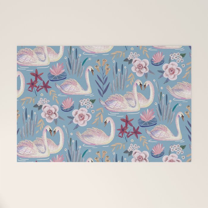 Botanical Blue Elegant Swan Pattern Welcome Mat Gallery Image 1