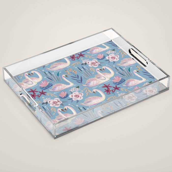 Botanical Blue Elegant Swan Pattern Acrylic Tray Gallery Image 1