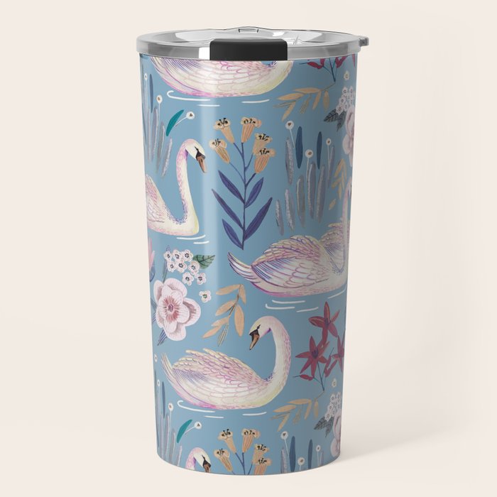 Botanical Blue Elegant Swan Pattern Travel Mug Gallery Image 1
