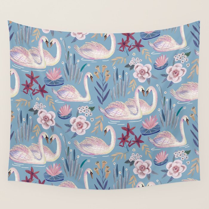 Botanical Blue Elegant Swan Pattern Wall Tapestry Gallery Image 4
