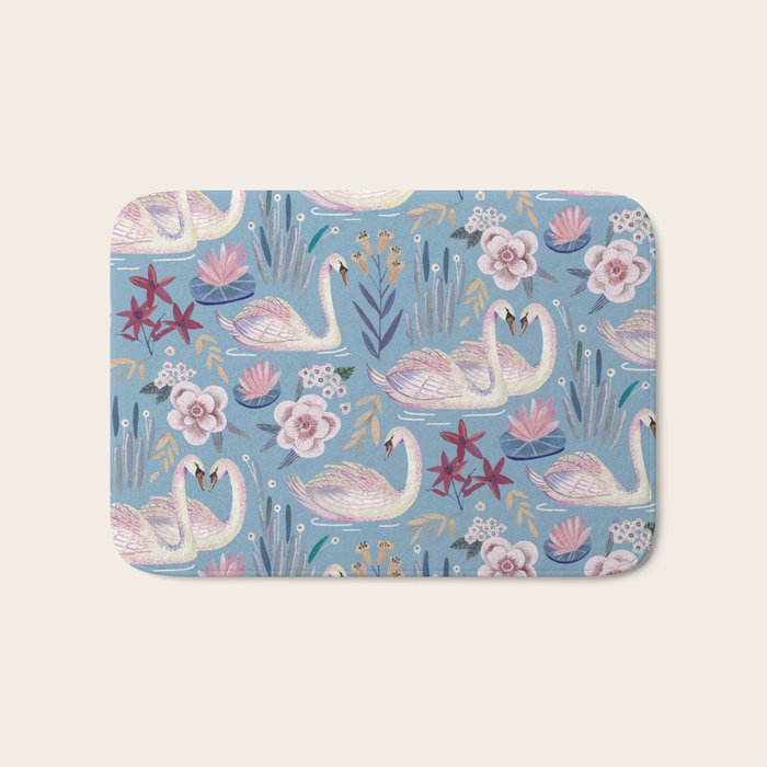 Botanical Blue Elegant Swan Pattern Bath Mat Gallery Image 1