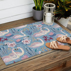 Botanical Blue Elegant Swan Pattern Outdoor Rug Gallery Image 2
