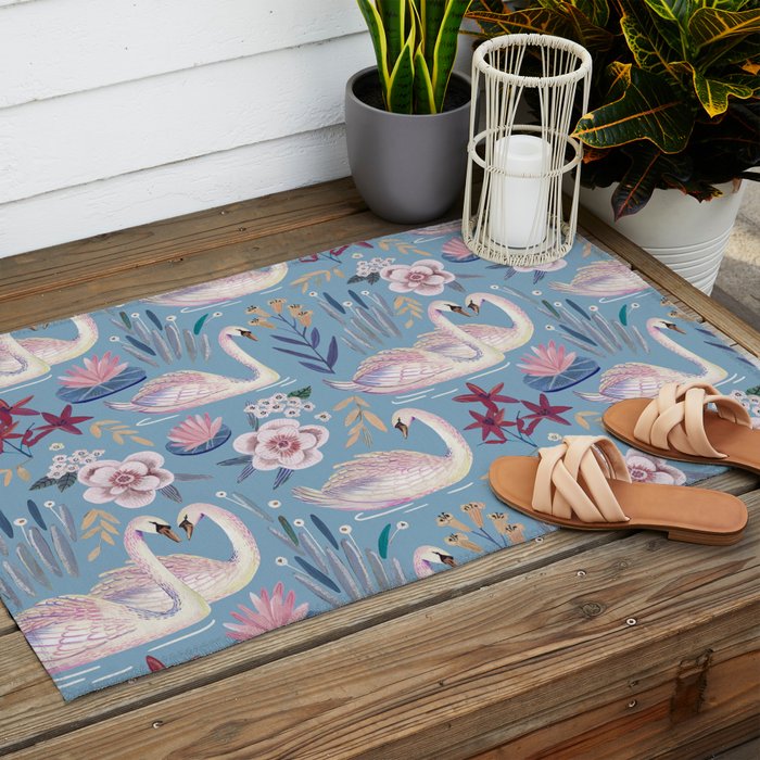 Botanical Blue Elegant Swan Pattern Outdoor Rug Gallery Image 2