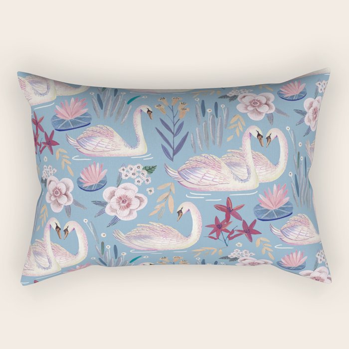 Botanical Blue Elegant Swan Pattern Rectangular Pillow Gallery Image 2
