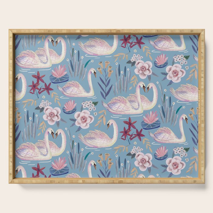 Botanical Blue Elegant Swan Pattern Serving Tray Gallery Image 1