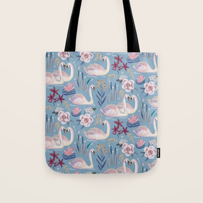 Botanical Blue Elegant Swan Pattern Tote Bag Gallery Image 1