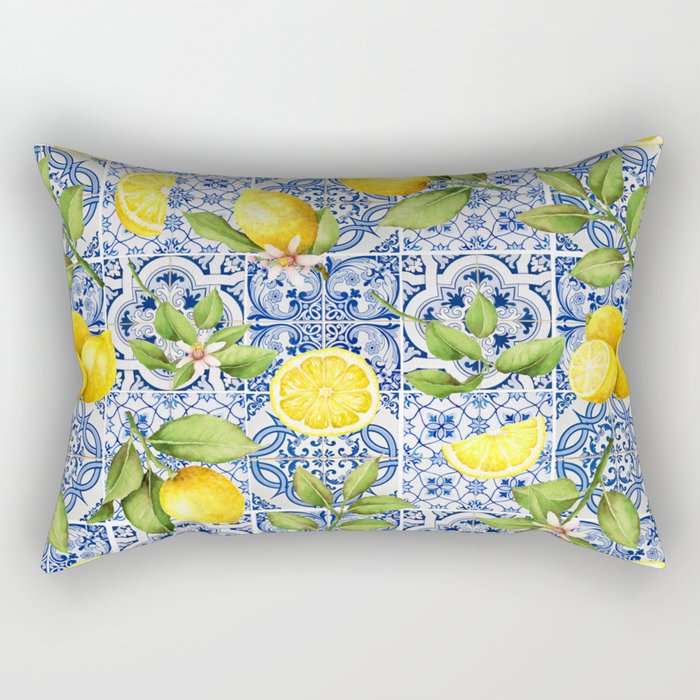 Portuguese Vintage Summer  Blue Tiles And Lemons Rectangular Pillow Gallery Image 2