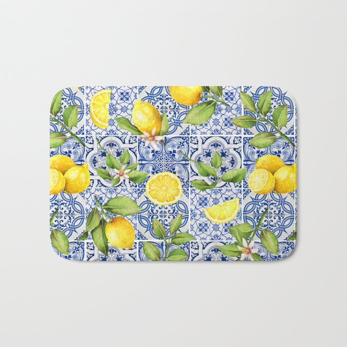 Portuguese Vintage Summer  Blue Tiles And Lemons Bath Mat Gallery Image 1