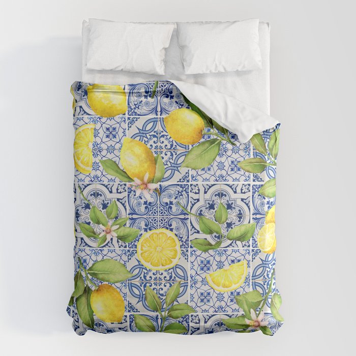 Portuguese Vintage Summer  Blue Tiles And Lemons Duvet Cover Gallery Image 1