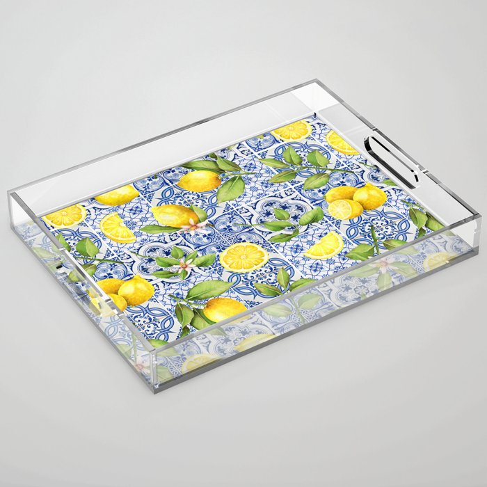 Portuguese Vintage Summer  Blue Tiles And Lemons Acrylic Tray Gallery Image 1