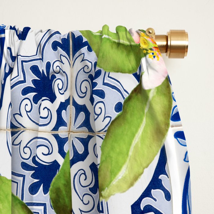 Portuguese Vintage Summer  Blue Tiles And Lemons Window Curtain Gallery Image 2