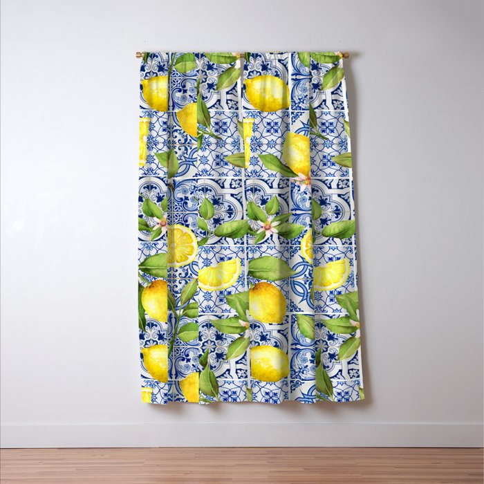 Portuguese Vintage Summer  Blue Tiles And Lemons Window Curtain Gallery Image 3